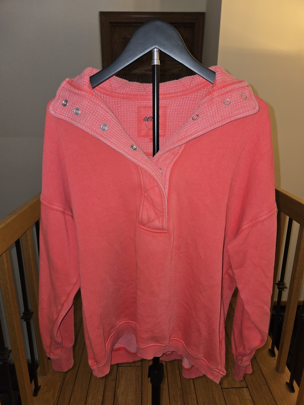 aerie Coral Snap-Front Hooded V-Neck Pullover